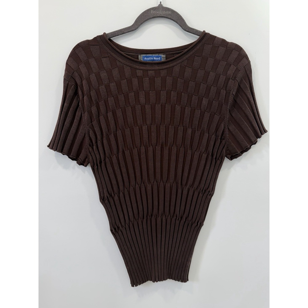 Vintage Austin Reed Brown Ribbed Knit Top British Checkerboard Silk Blend XL Y2K